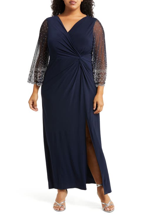 Long Sleeve Surplice Neck Evening Dress (Regular & Plus Size)