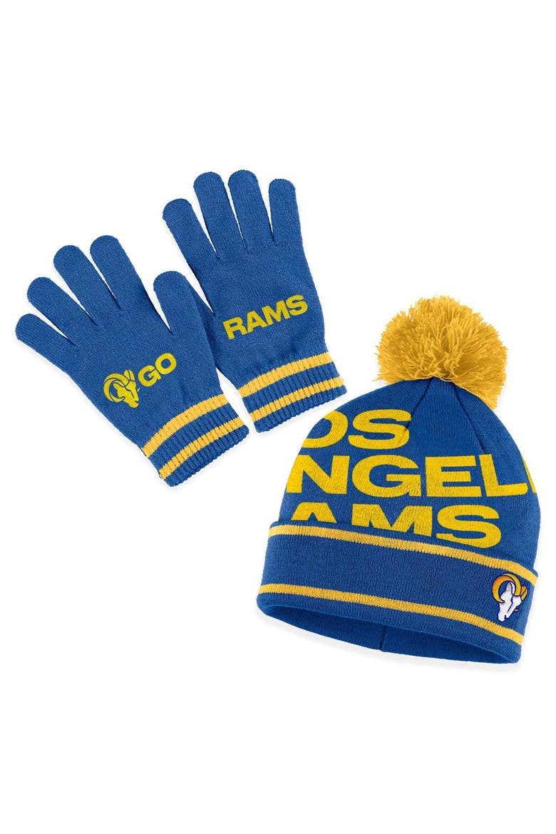 Women's WEAR by Erin Andrews  Royal Los Angeles Rams Double Jacquard Cuffed Knit Hat with Pom and Gloves Set, Main, color, Royal