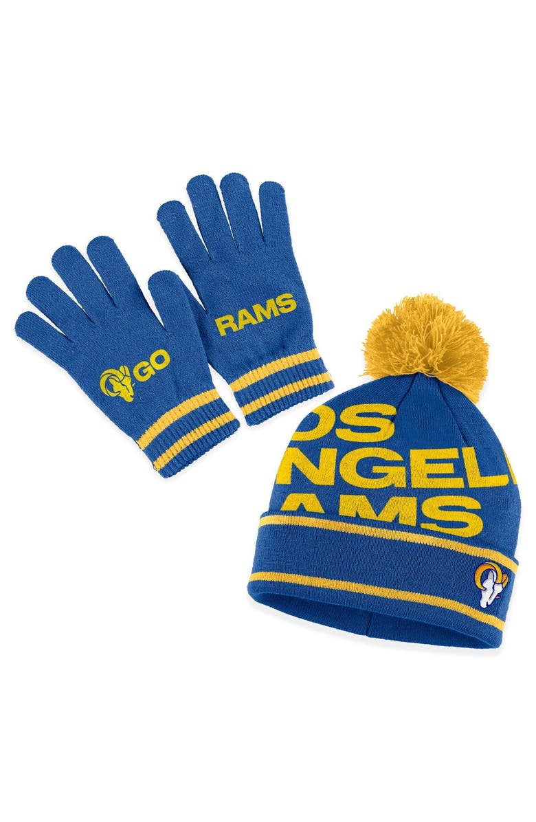 WEAR by Erin Andrews Women's WEAR by Erin Andrews  Royal Los Angeles Rams Double Jacquard Cuffed Knit Hat with Pom and Gloves Set, Main, color, Royal