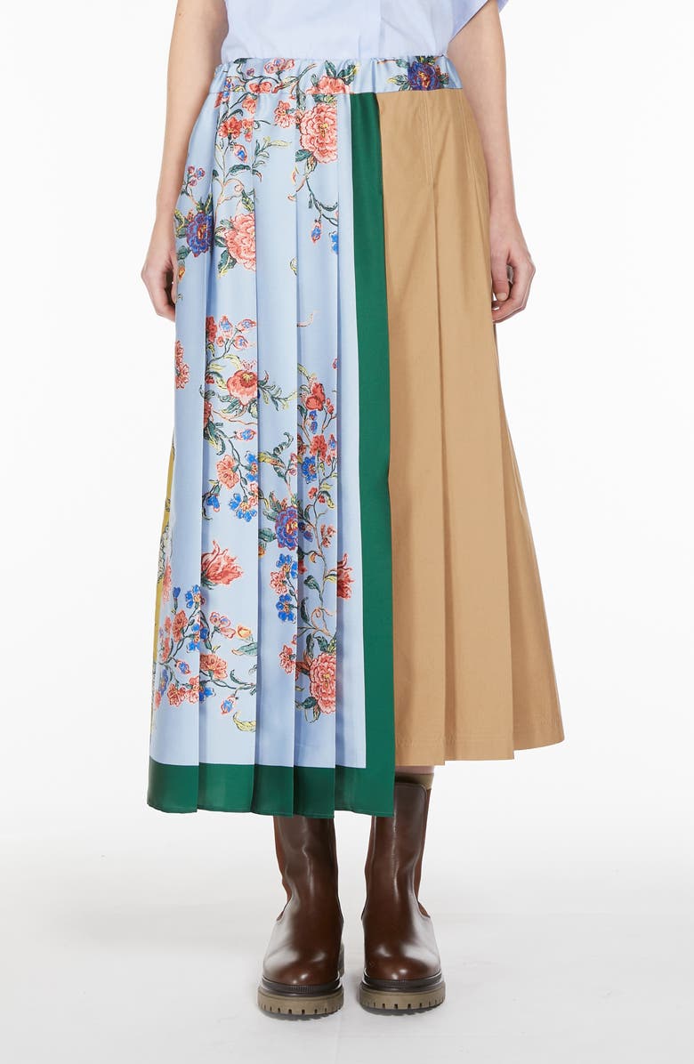 Weekend Max Mara Operoso Mixed Print Colorblock Pleated Cotton Midi Skirt, Main, color,