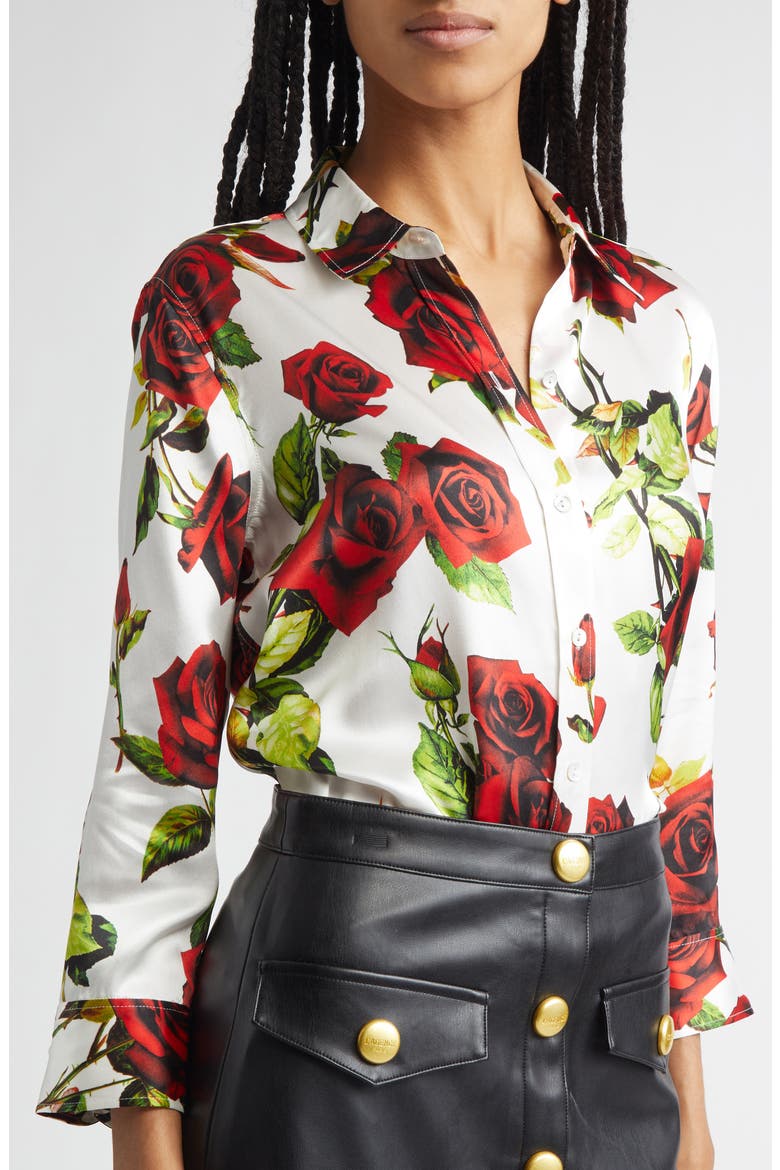 Dani Rose Print Silk Button-Up Shirt, Alternate, color, WHITE/ RED ROMANTIC ROSE