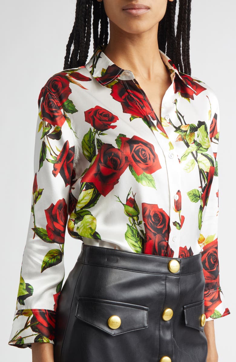 L'AGENCE Dani Rose Print Silk Button-Up Shirt, Alternate, color, 