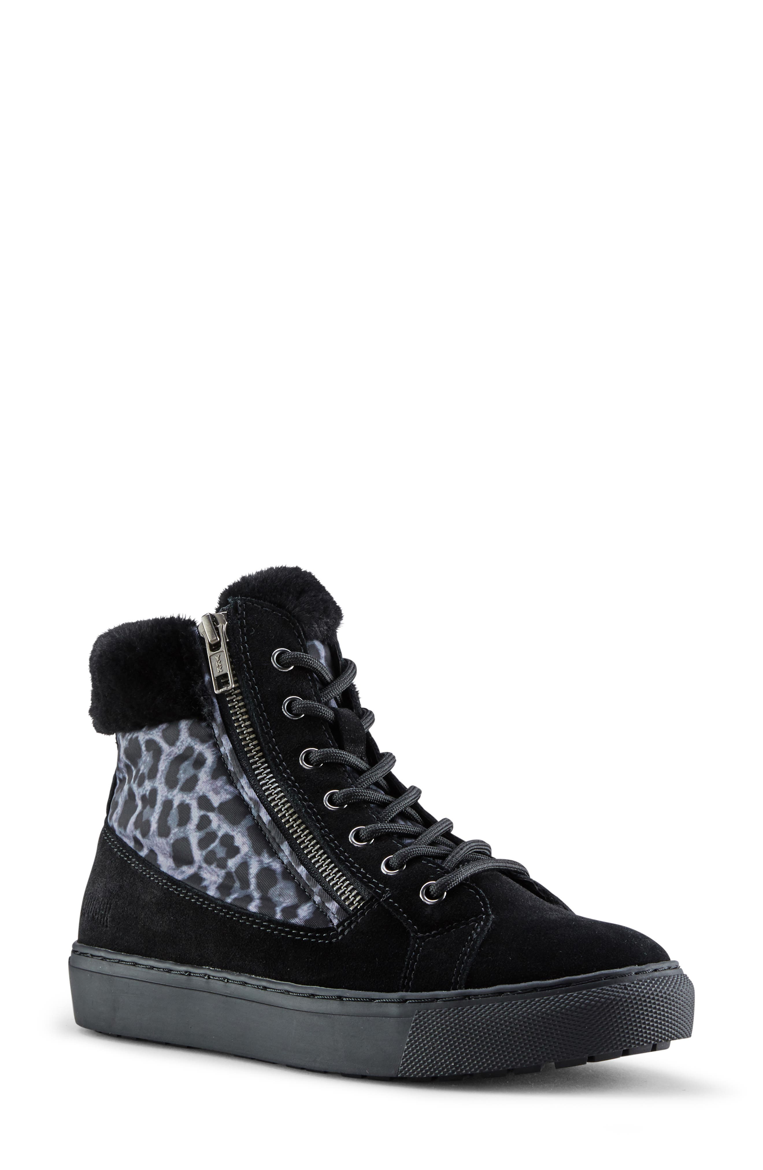 Dublin High Top Sneaker with Faux Fur Cuff, Main, color, BLACK LEOPARD SUEDE