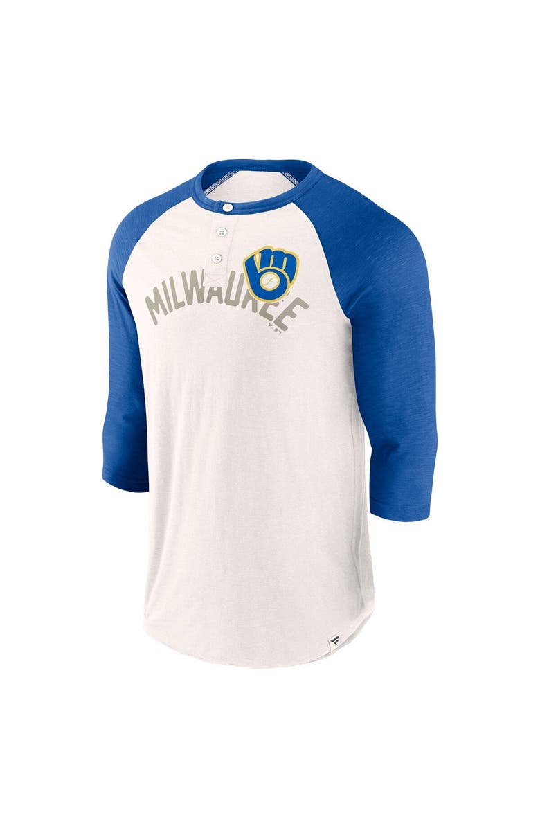 FANATICS Men's Fanatics Branded White/Royal Milwaukee Brewers Backdoor Slider Raglan 3/4-Sleeve T-Shirt, Alternate, color,