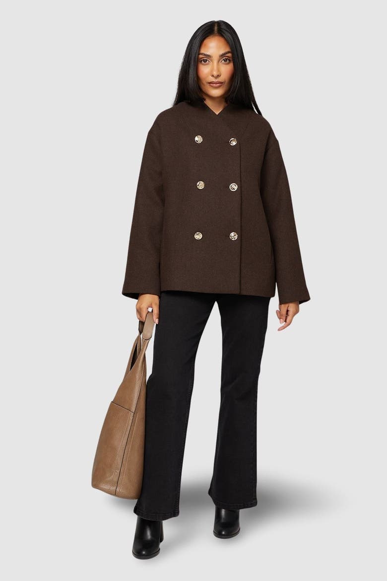 Petite Grown On Neck Peacoat, Alternate, color, Chocolate