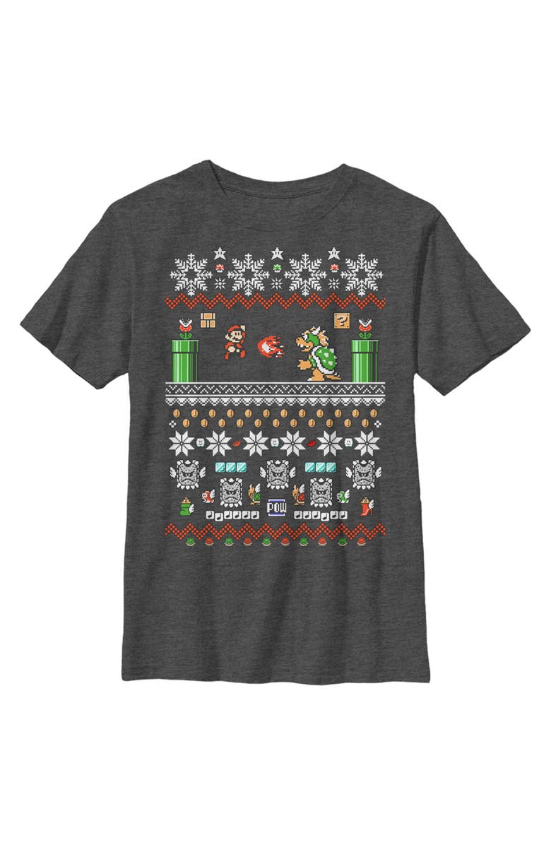 NINTENDO Boy's Nintendo Mario and Bowser Ugly Christmas Sweater  Graphic T-Shirt, Main, color, Charcoal Heather