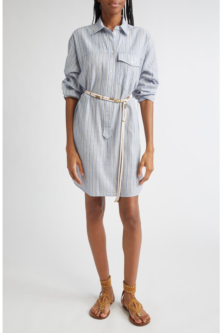 Loriane Stripe Tie Belt Long Sleeve Cotton Shirtdress, Main, color, BLUE
