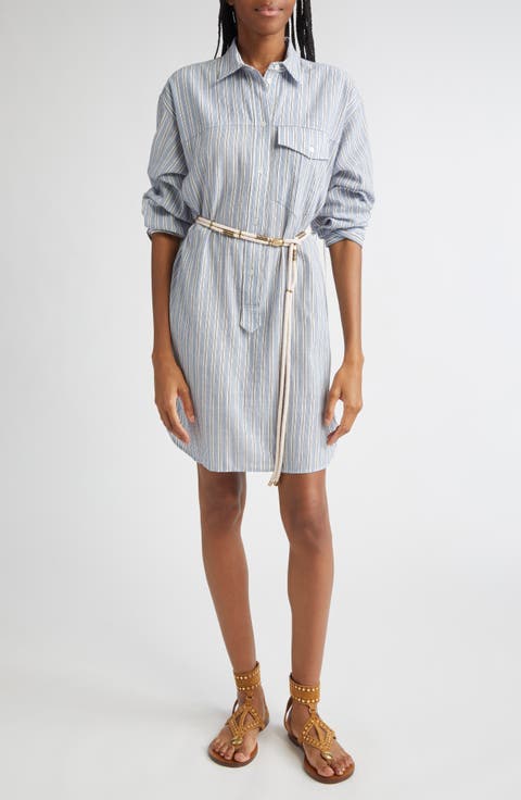 Loriane Stripe Tie Belt Long Sleeve Cotton Shirtdress