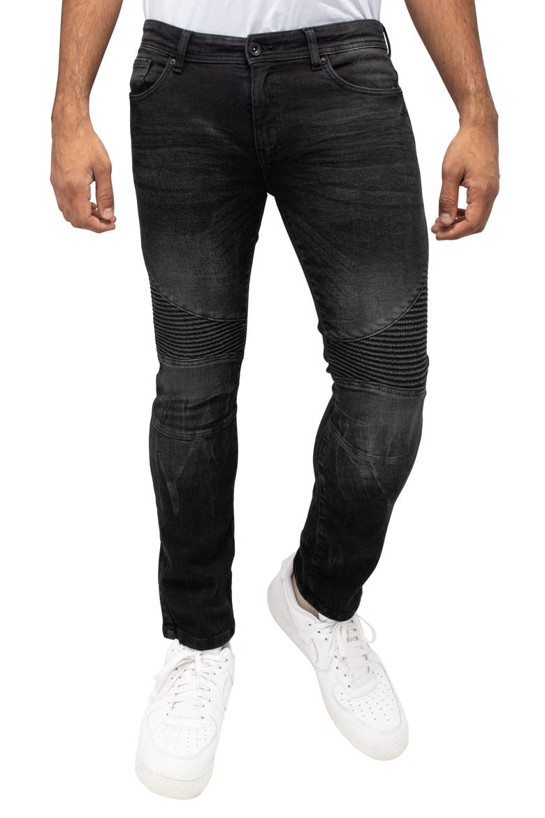 Raw X Distressed Moto Slim Jeans, Main, color, BLACK WASH