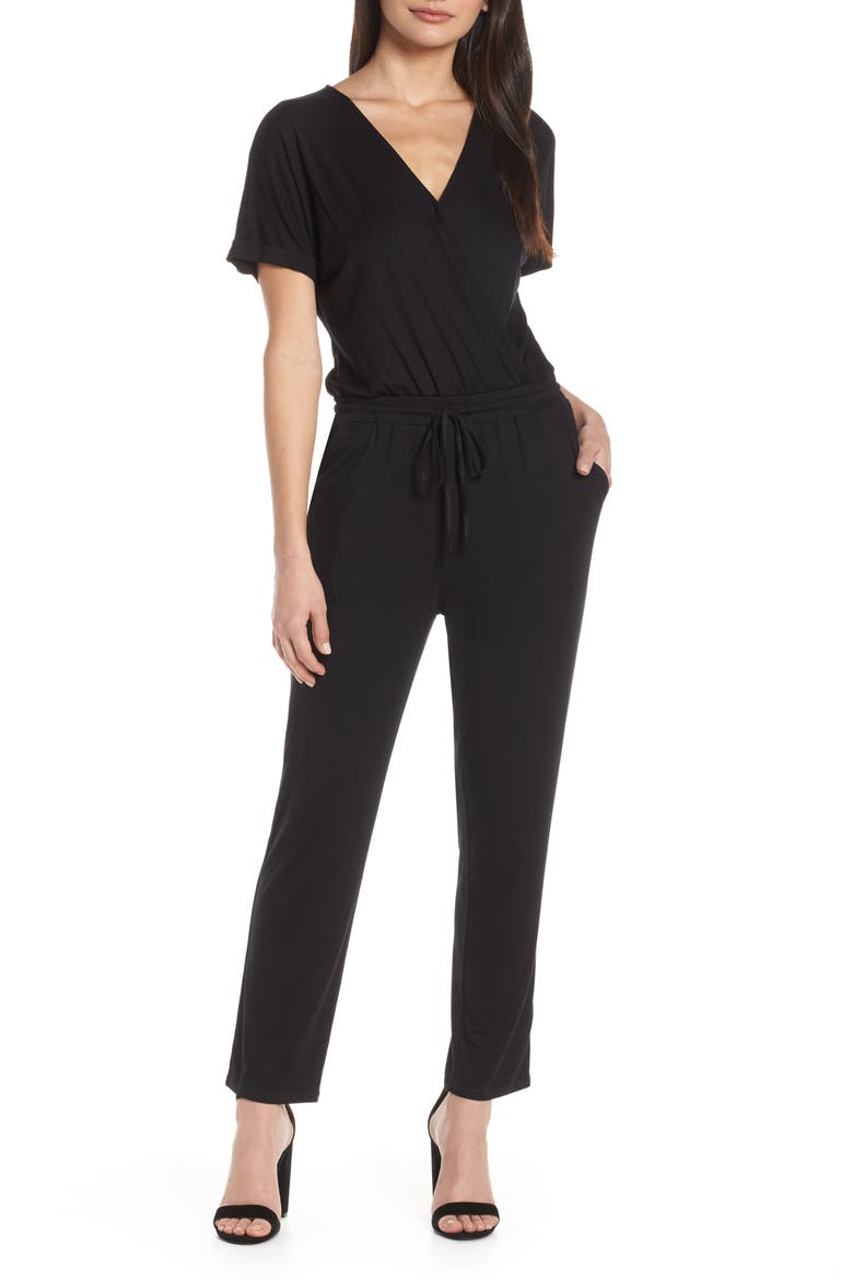 Faux Wrap Jumpsuit, Main, color, BLACK