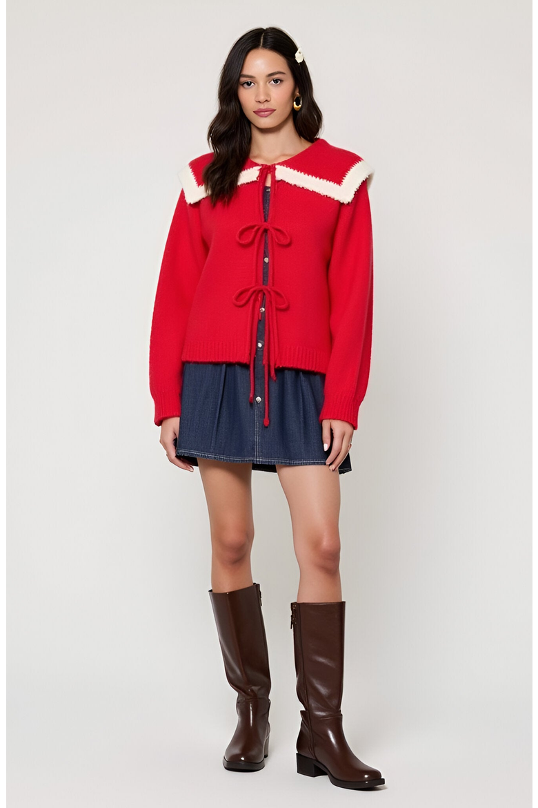 Ruffle Collar Knit Sweater with Tie-Front Closures and Contrast Trim, Main, color, Red