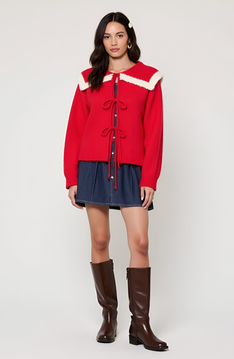 Ruffle Collar Knit Sweater with Tie-Front Closures and Contrast Trim