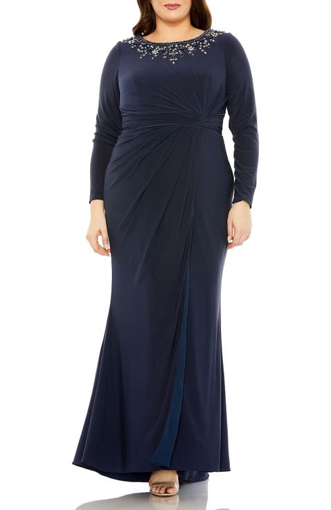 Long Sleeve Embellished Neckline Jersey Gown