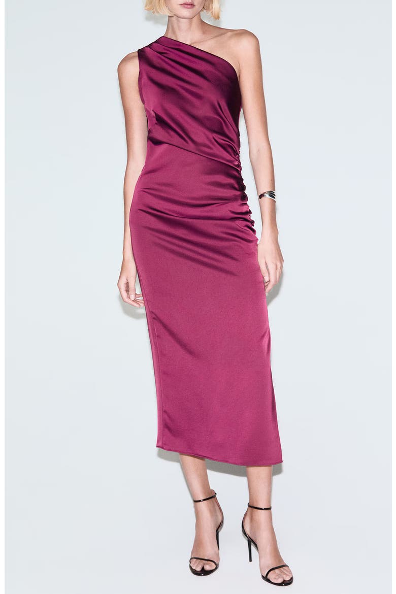 Ruched One-Shoulder Satin Maxi Dress, Main, color, FUCHSIA