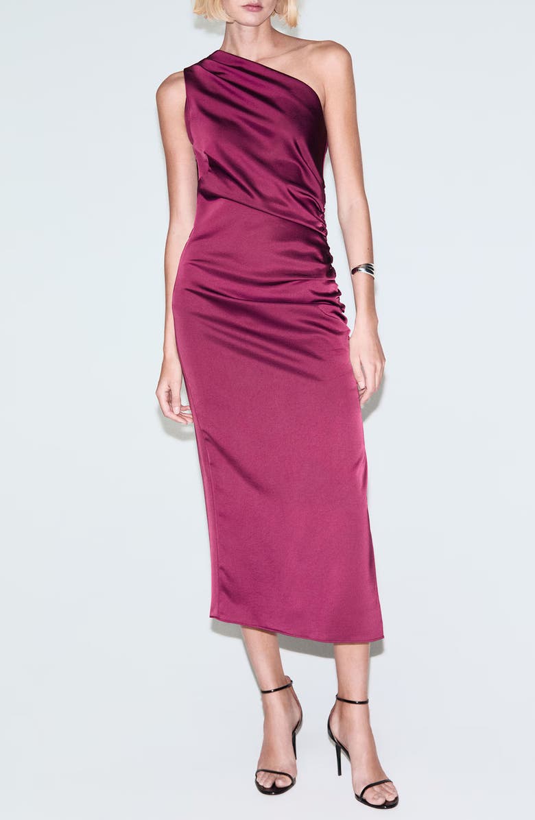 MANGO Ruched One-Shoulder Satin Maxi Dress, Main, color, Fuchsia