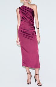 MANGO Ruched One-Shoulder Satin Maxi Dress