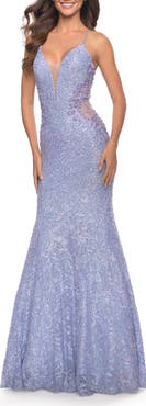 La Femme Mermaid Beaded Lace Prom Dress with Illusion Sides
