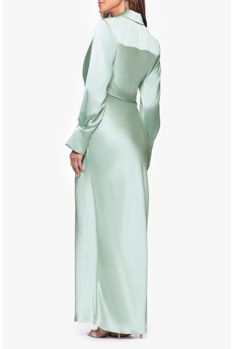 Collar Long Sleeve Satin Gown, Alternate, color, SAGE