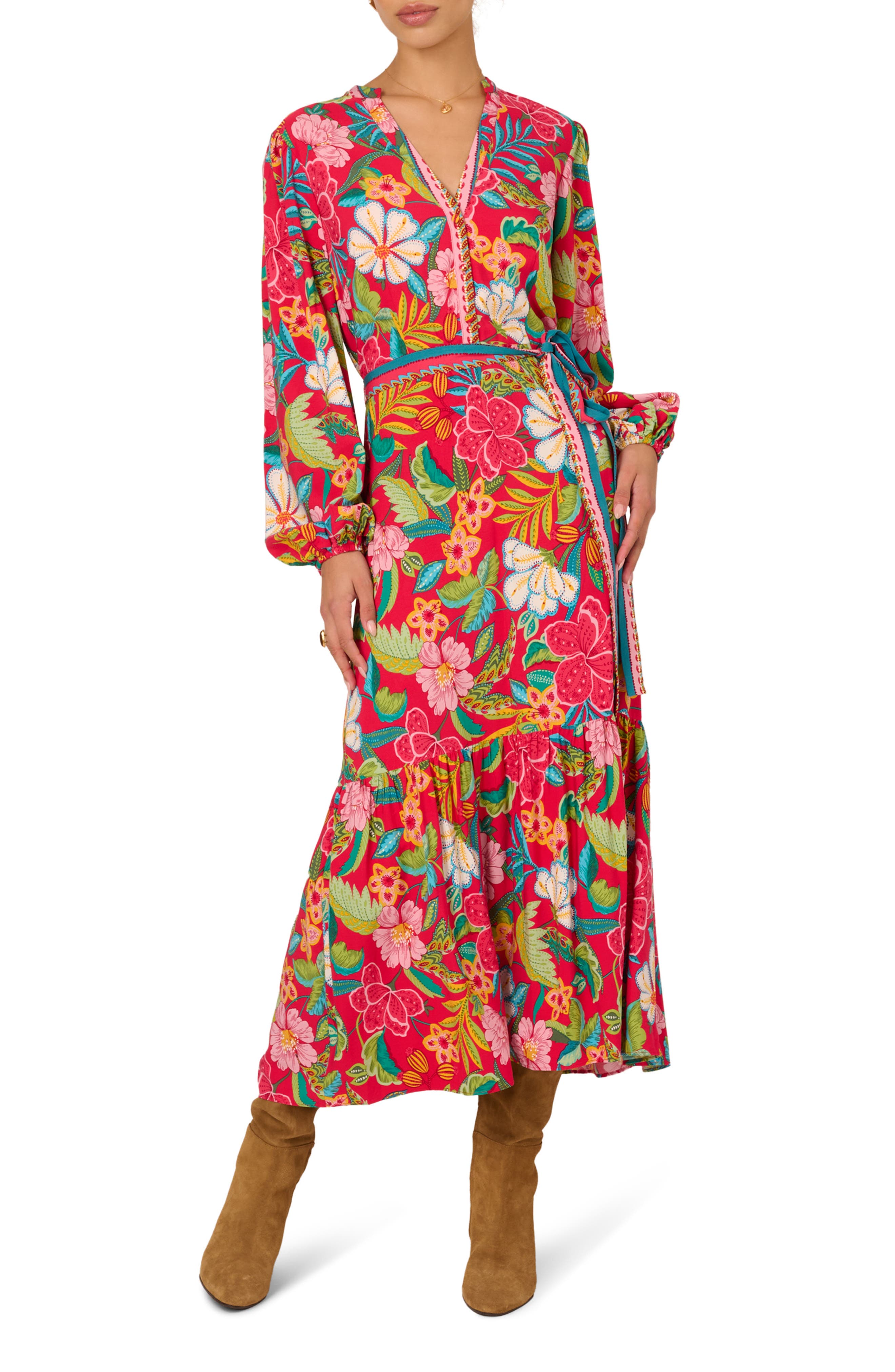 Adrianna Papell Print Long Sleeve Maxi Dress In Multi
