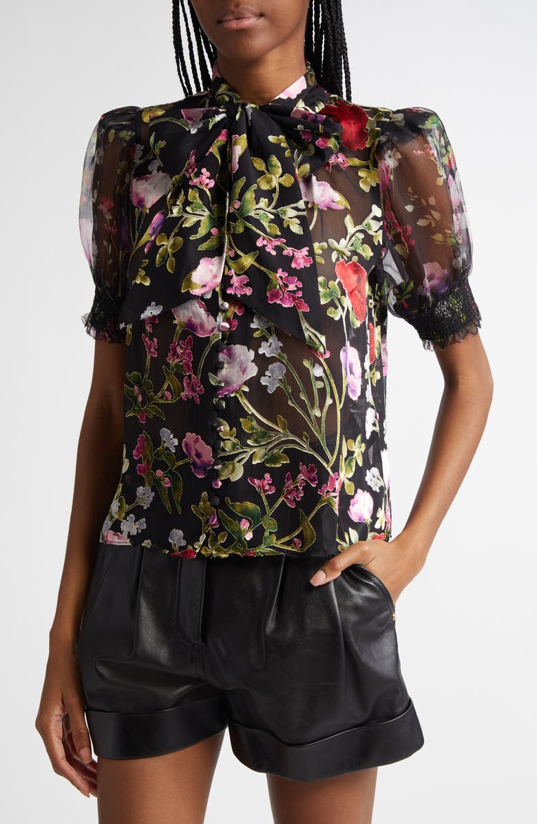Alice + Olivia Brentley Floral Tie Neck Puff Sleeve Top, Alternate, color, Floral Dreams