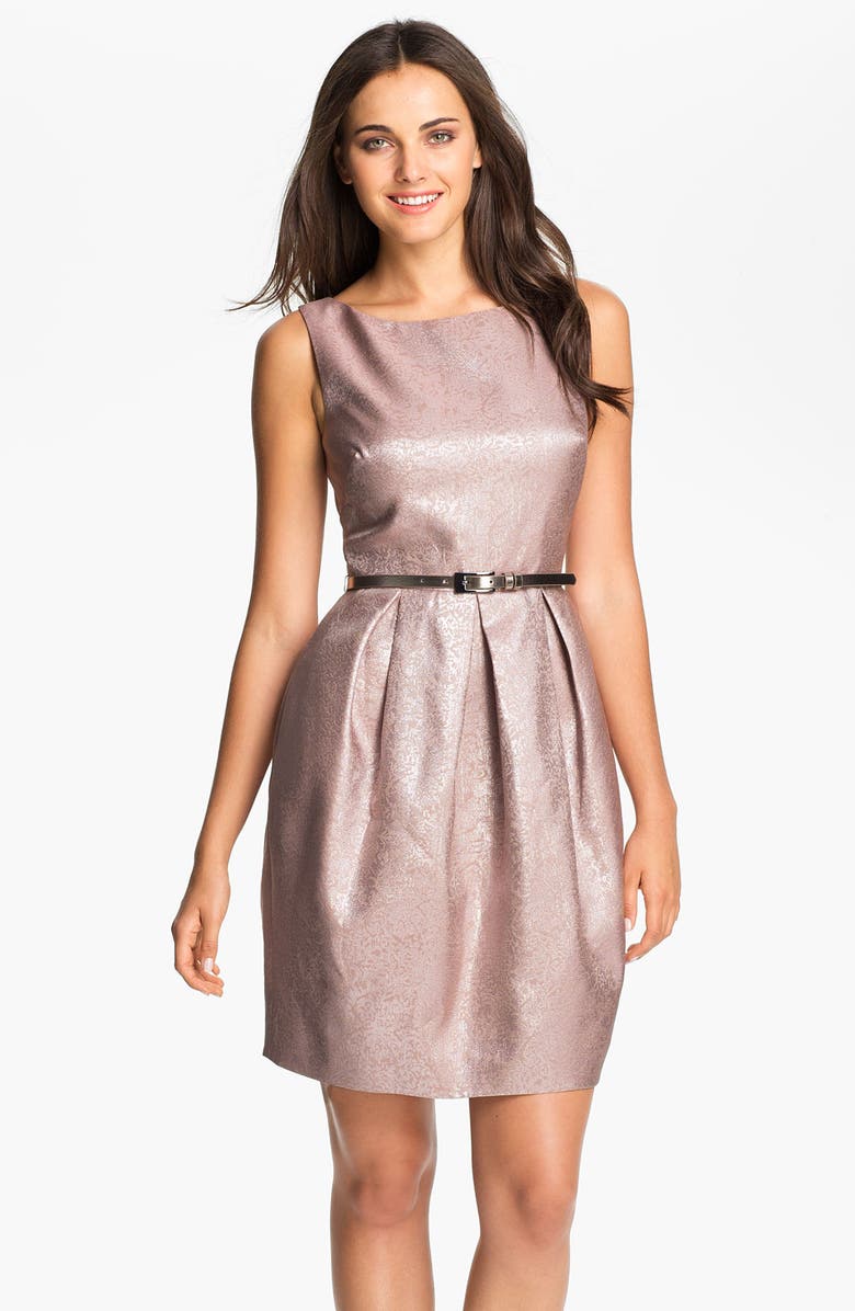 Eliza J Belted V-Back Jacquard Tulip Dress, Main, color, 