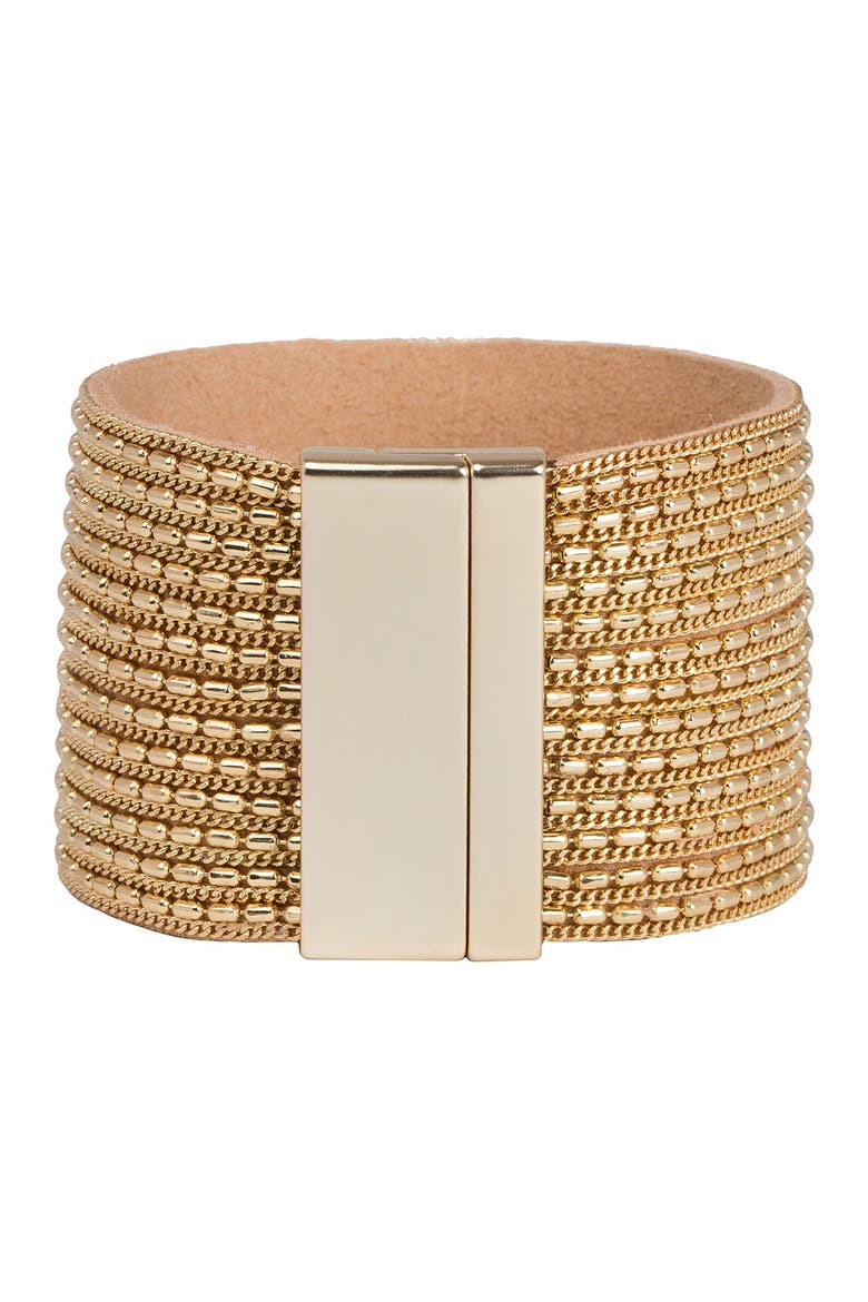 Rock n' Roll Chain & Leather Cuff Bracelet, Alternate, color, GOLD