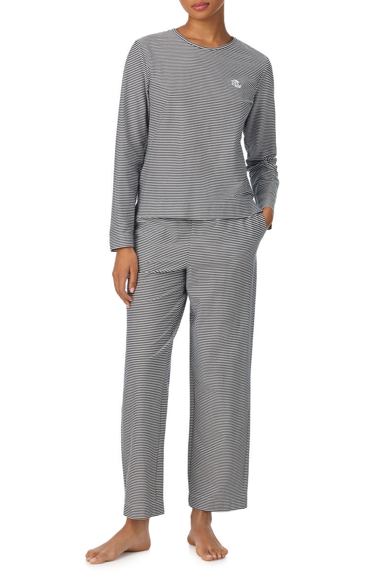 Print Cotton Ankle Length Pajamas, Main, color, DARK BLUE/ STRIPE
