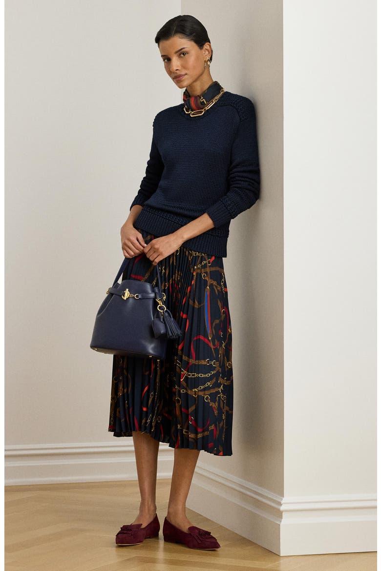 Belting Print Pleated Georgette Skirt, Alternate, color, NAVY MULTI