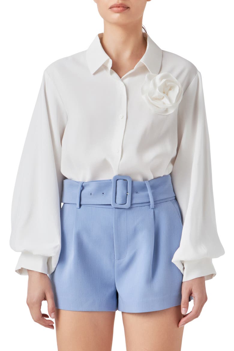 Corsage Bishop Sleeve Button-Up Top, Main, color, WHITE
