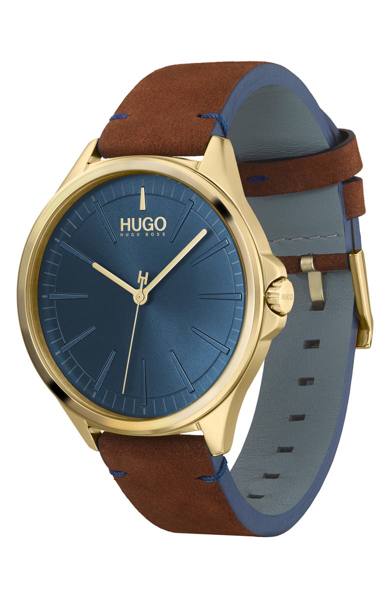 BOSS HUGO Smash Leather Strap Watch, 43mm, Alternate, color,