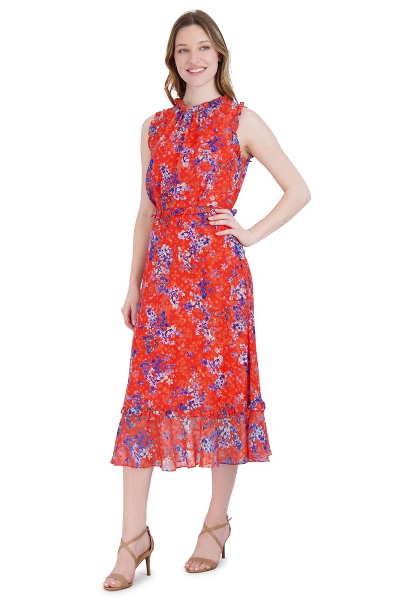 Julia Jordan Floral Swiss Dot Sleeveless Midi Dress, Alternate, color, Orange Mul