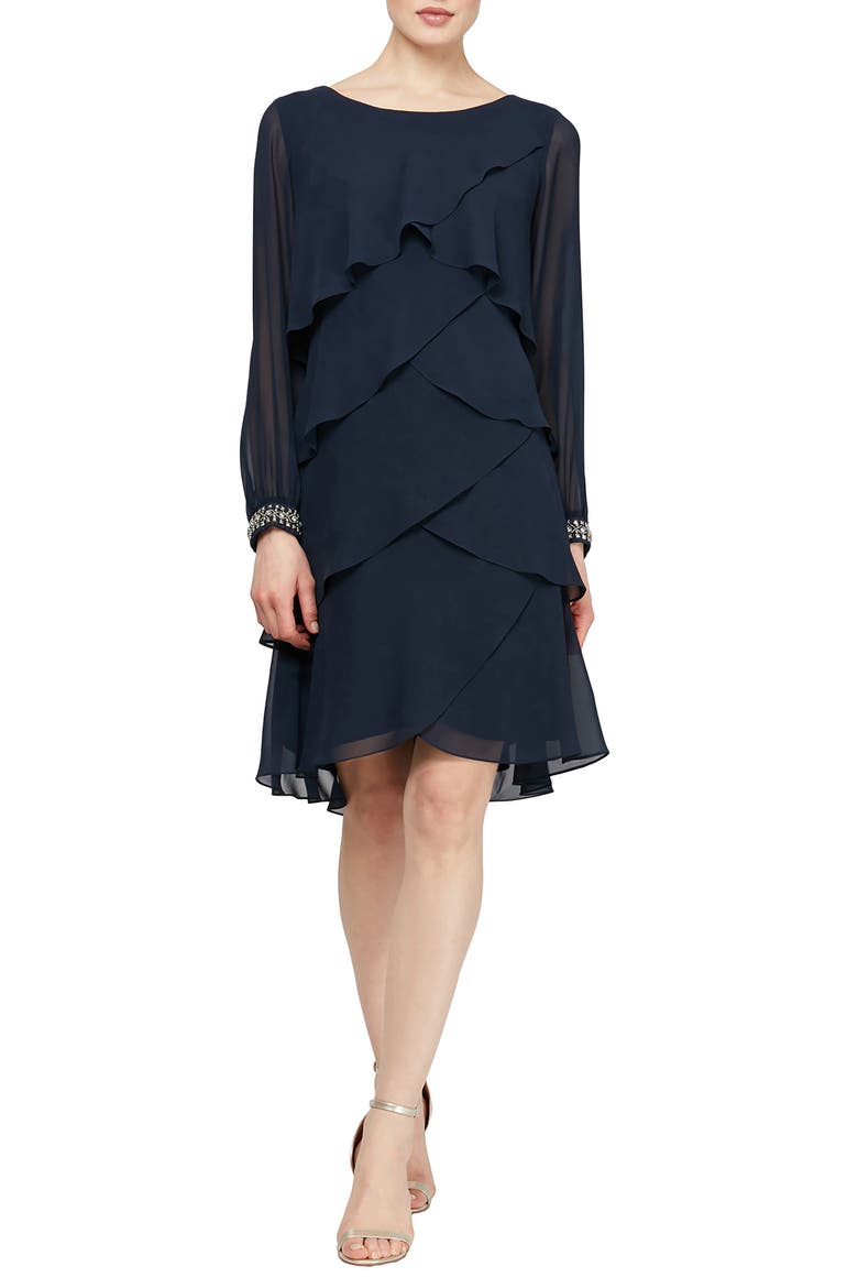 Long Sleeve Tiered Dress, Main, color, DEEP NAVY
