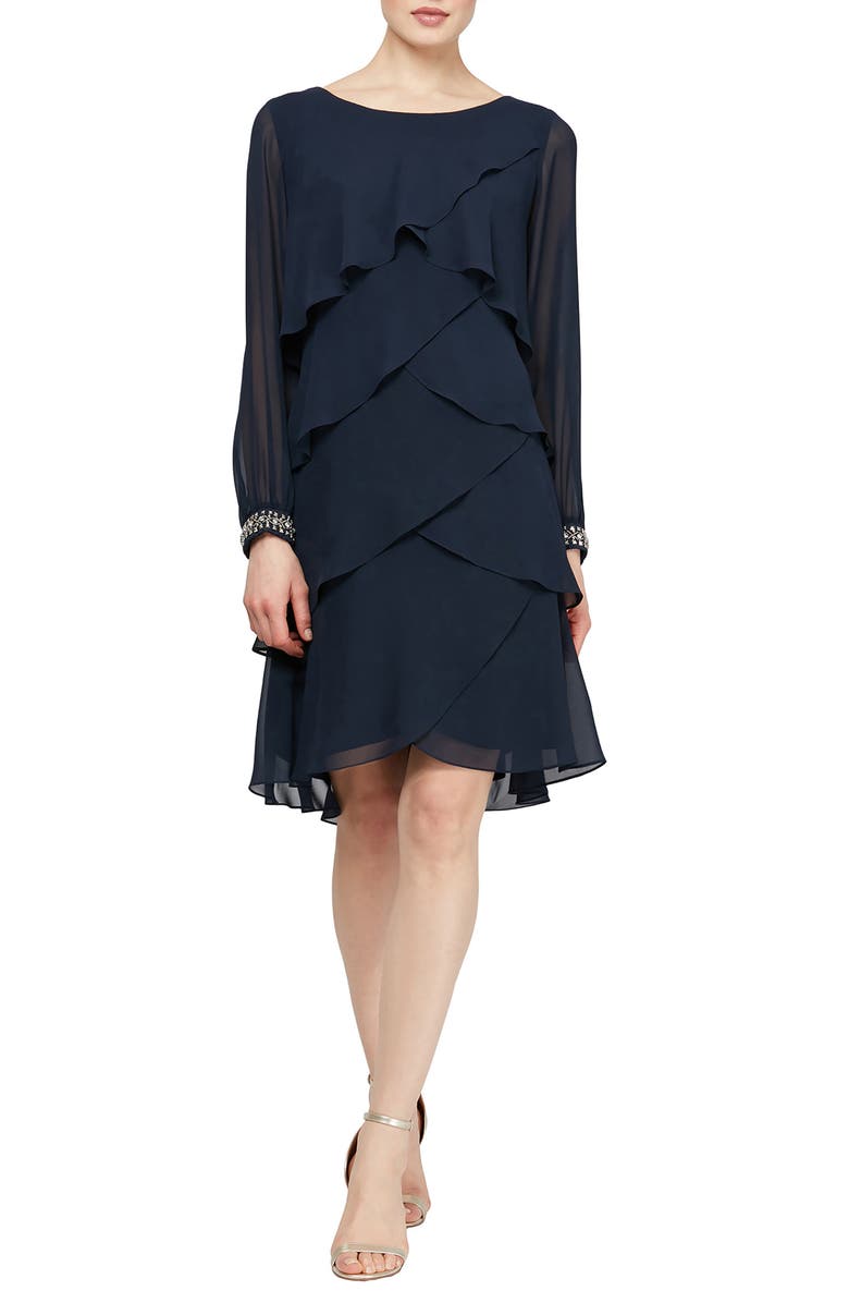 SL FASHIONS Long Sleeve Tiered Dress, Main, color, Deep Navy