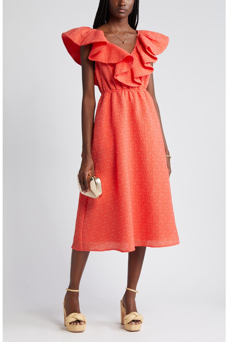 Ruffle Puckered Midi Dress, Main, color, RED GRENADINE