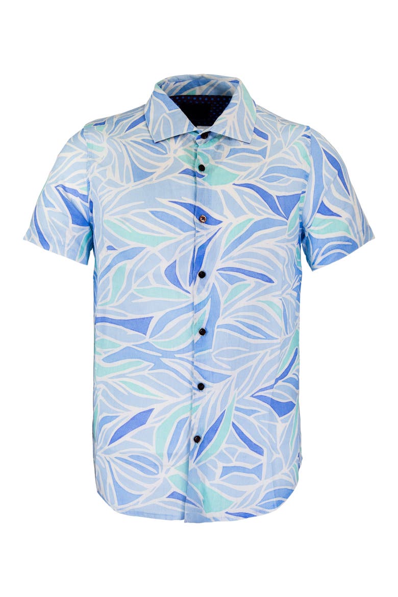 Simple Leaves Short Sleeve Fine Linen Shirt, Alternate, color, SIMPLE LEAVES BLUE