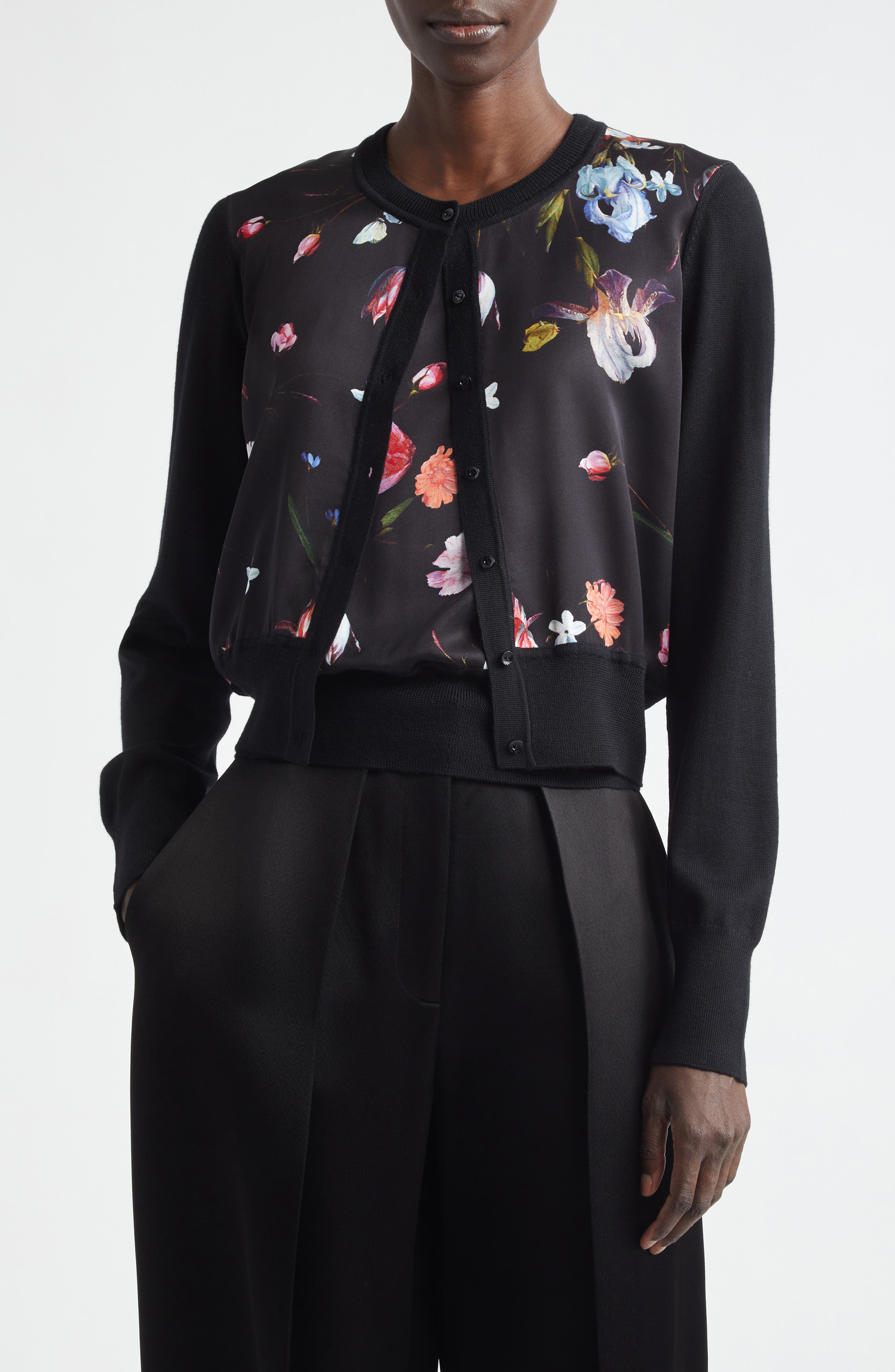 Floral Satin & Merino Wool Cardigan
