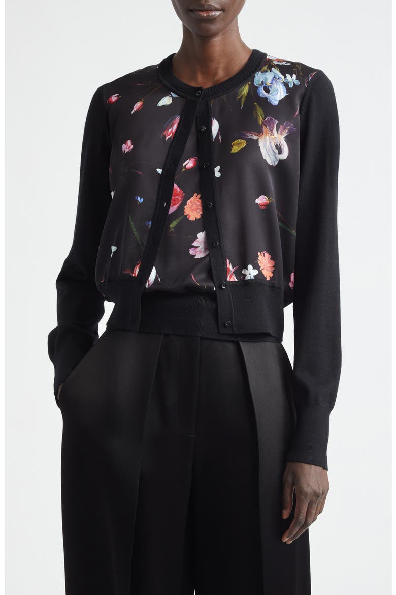 Floral Satin & Merino Wool Cardigan, Main, color, DUTCH FLOWER PAINTING BLACK