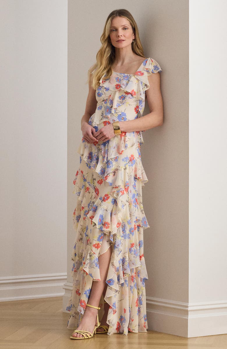 Lauren Ralph Lauren Floral Ruffle Detail Georgette Gown, Alternate, color, Creamy White/ Multi