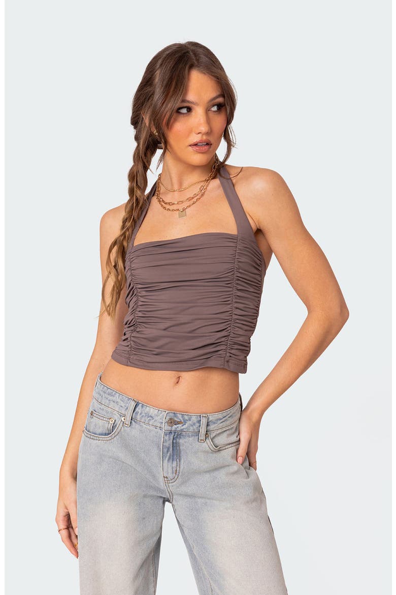 Kaila Ruched Halter Top, Alternate, color, BROWN