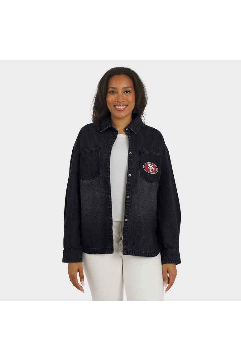 Women's WEAR by Erin Andrews Black San Francisco 49ers Washed Oversized Denim Full-Snap Shacket, Alternate, color, Black