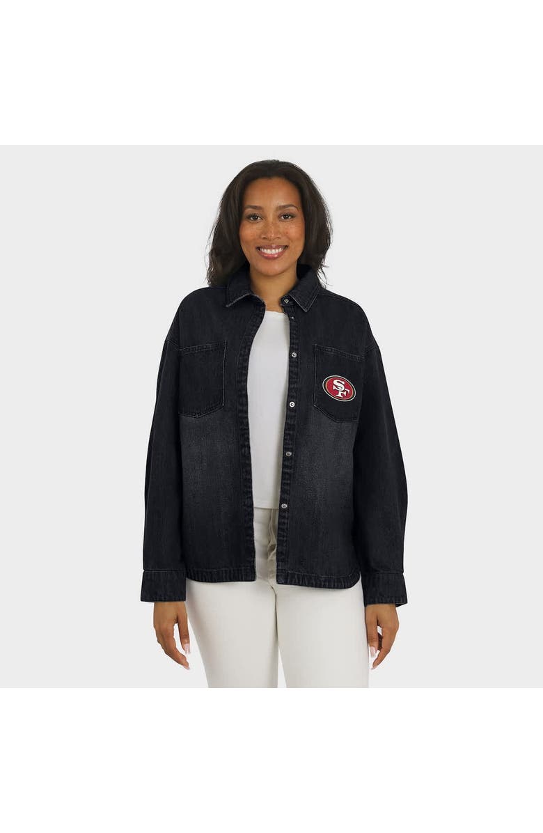 WEAR by Erin Andrews Women's WEAR by Erin Andrews Black San Francisco 49ers Washed Oversized Denim Full-Snap Shacket, Alternate, color, Black