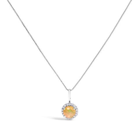10K Gold Gemstone and 1/10 Cttw Diamond Accent Halo Pendant Necklace
