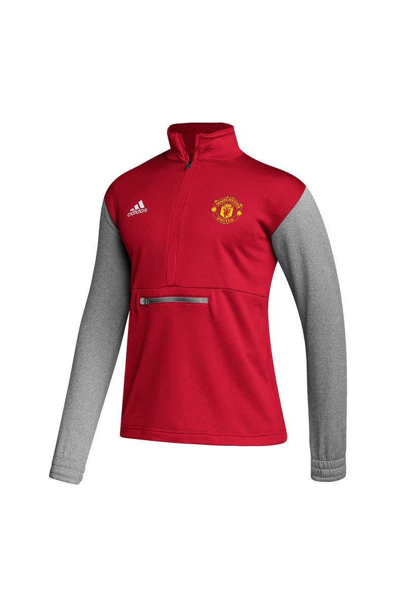 adidas Men's adidas Red Manchester United Crest Long Sleeve Half-Zip Top, Alternate, color, 
