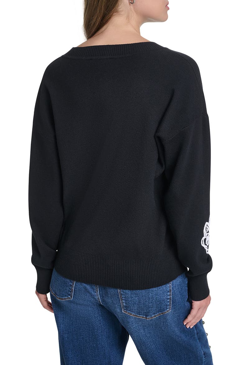 Floral V-Neck Sweater, Alternate, color, BLACK/ SOFT WHITE