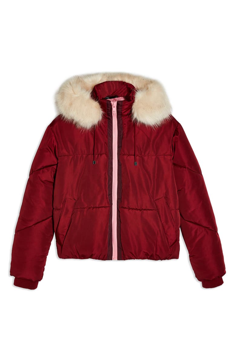 Topshop Lauren Hooded Puffer Jacket with Faux Fur Trim, Alternate, color, 