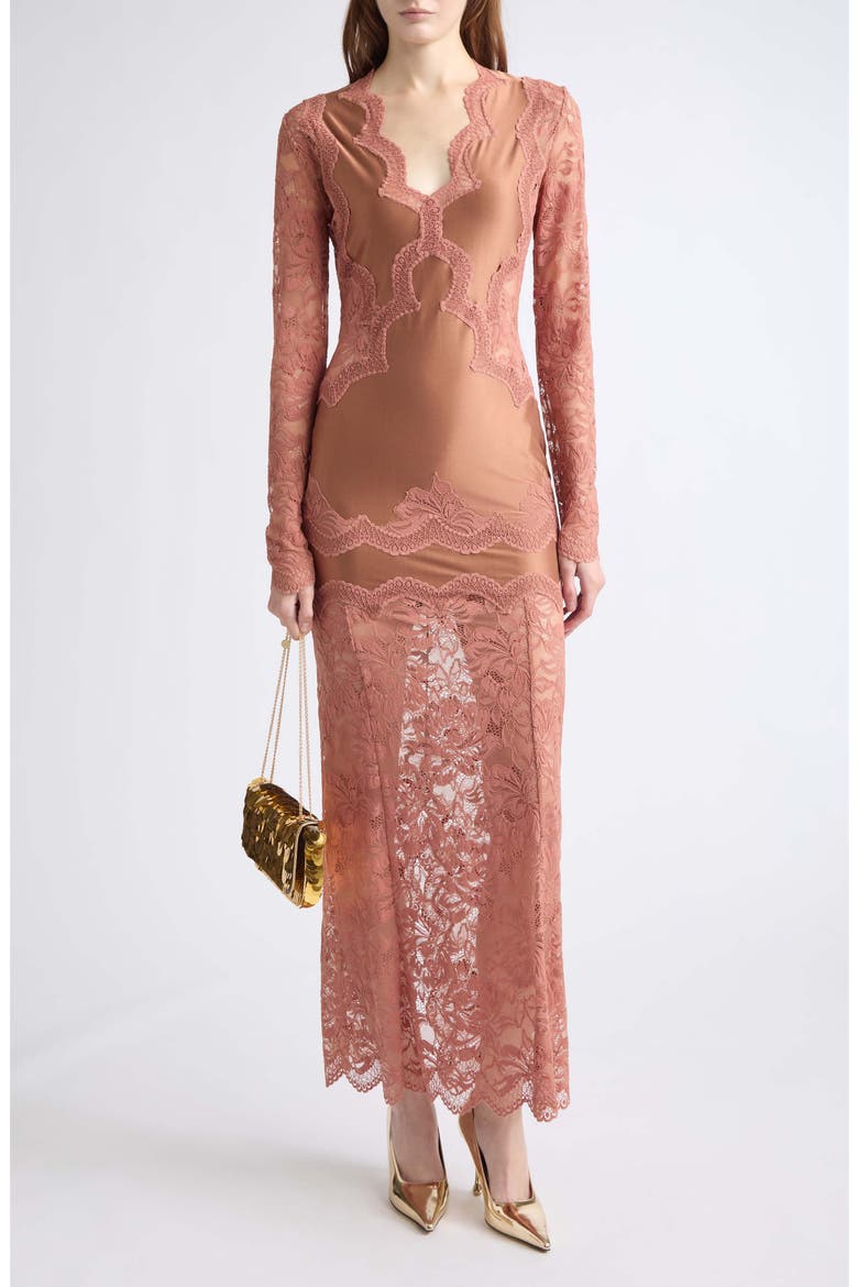 Lace Detail Long Sleeve Satin Maxi Dress, Main, color, NEW CARAMEL