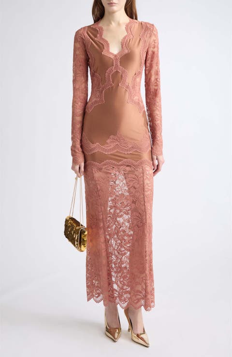 Lace Detail Long Sleeve Satin Maxi Dress