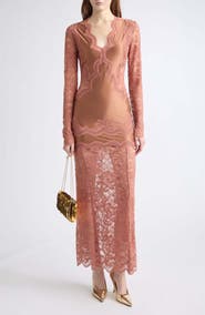 Rabanne Lace Detail Long Sleeve Satin Maxi Dress