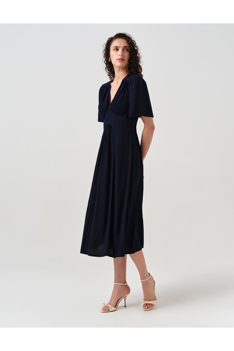 Rosalie Angel Sleeve Crepe Midi Dress, Alternate, color, Navy