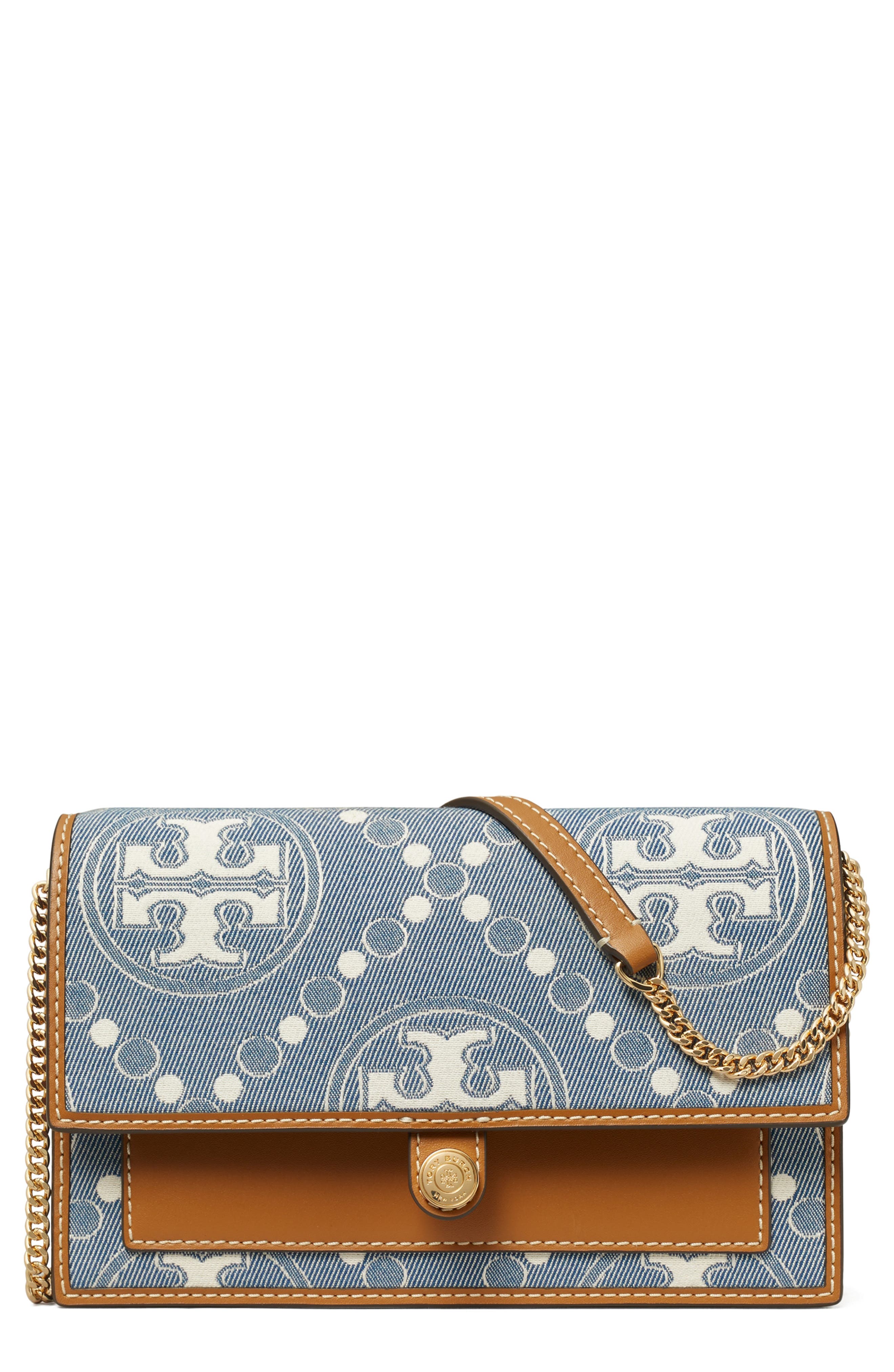 Tory Burch T Monogram Denim Wallet on a Chain, Main, color, 